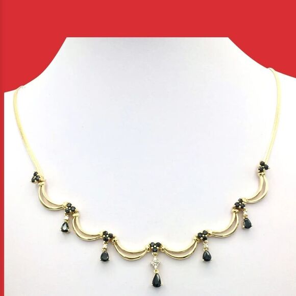 Vintage 14K Gold Sapphire Teardrop & Diamond Accent Necklace